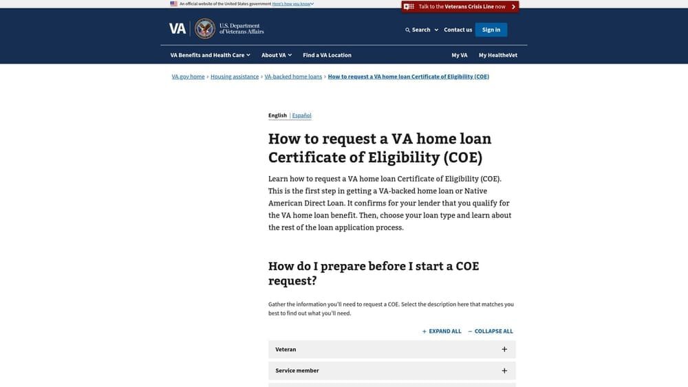 Screenshot of VA.gov — Certificate of Eligibility Portal website