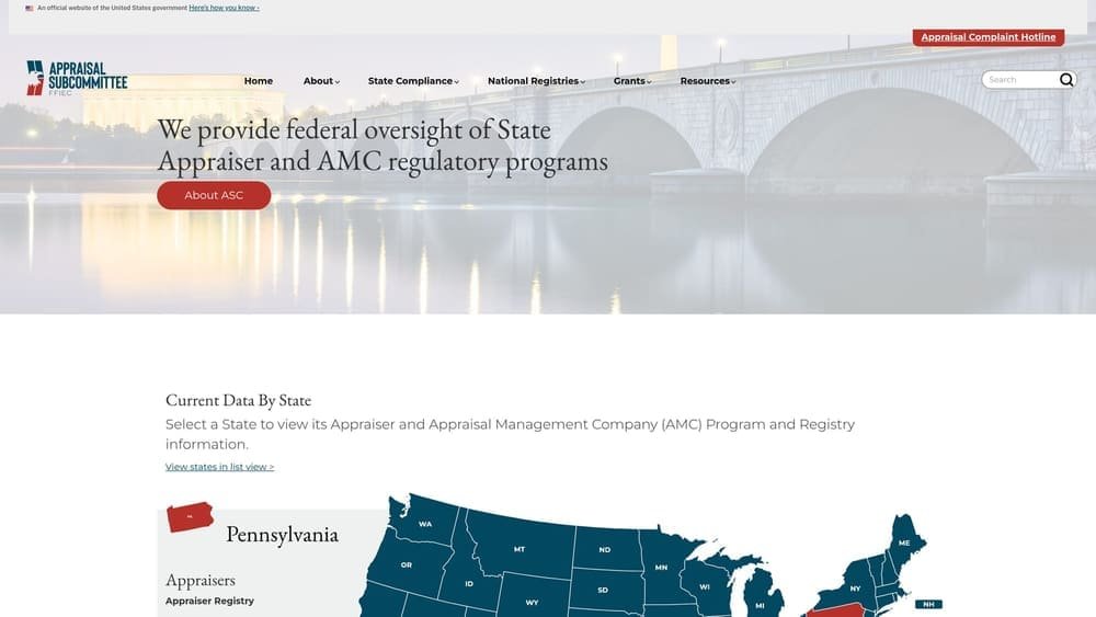 Screenshot of The Appraisal Subcommittee website