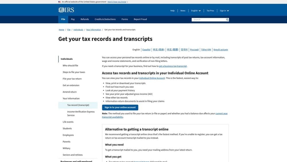 Screenshot of IRS Get Transcript Tool website