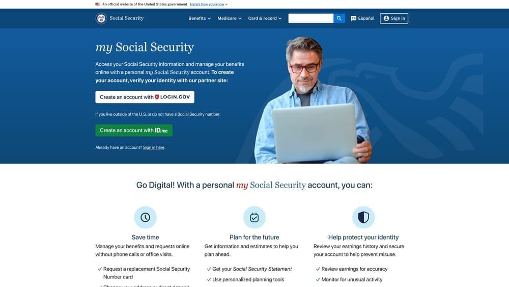 Screenshot of My Social Security Portal (SSA.gov) website
